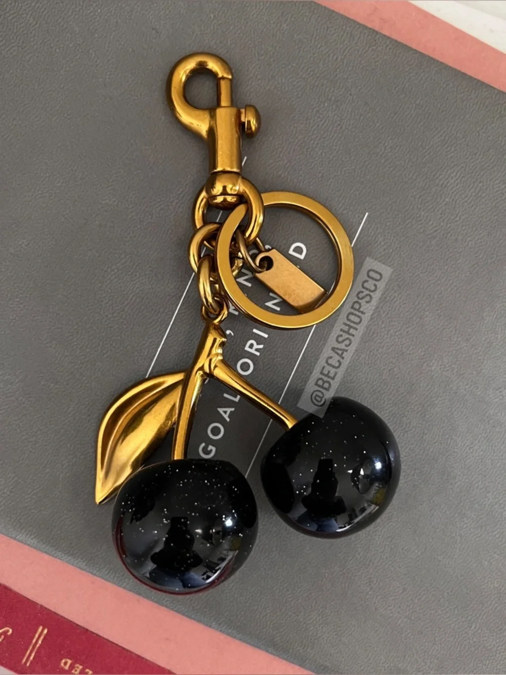 New Black Cherry Bag Charm Keychain Glitter Resin and Brass Metal